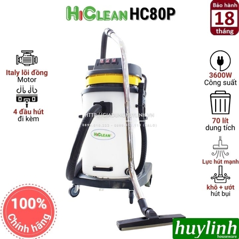 Máy hút bụi công nghiệp HiClean HC80P - 70 lít - Thùng nhựa