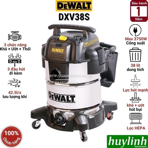 Máy hút bụi 3 chức năng Dewalt DXV38S – 38 lít - Hút bụi khô - Ướt - Thổi bụi