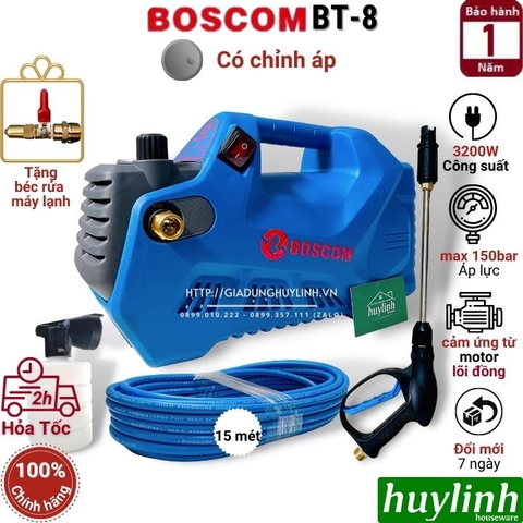 Máy xịt rửa xe Chỉnh Áp Boscom BT8 - 3200W - Tặng kèm béc rửa máy lạnh - motor từ lõi đồng 100%