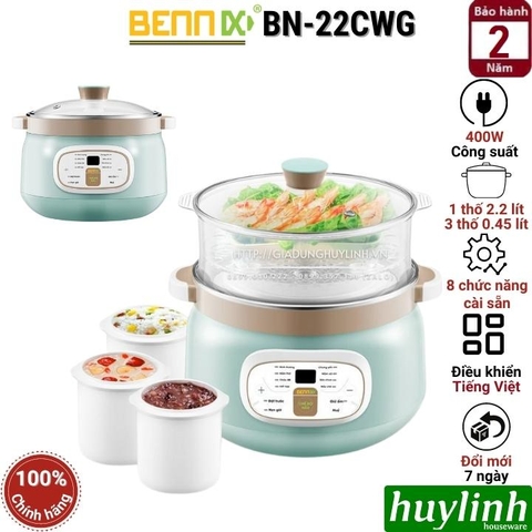 Nồi nấu chậm - chưng yến cách thuỷ Bennix BN-22CWG - thố lớn 2.2 lít - 3 thố nhỏ 0.45 lít