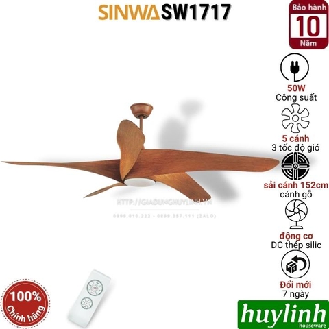 Quạt trần đèn cánh gỗ phay Sinwa SW1717 - 5 cánh - DC Inverter