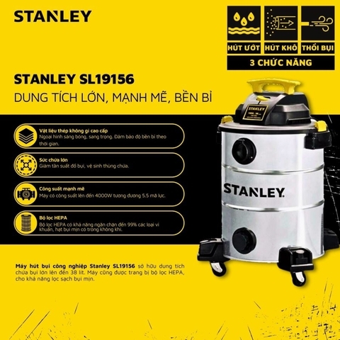 Máy hút bụi công nghiệp 3 chức năng Khô Ướt Thổi 38L Stanley SL19156
