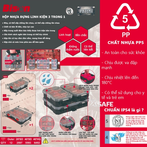 Hộp đựng linh kiện 3 trong 1 Bison chống nước chuẩn IP54, nhựa cao cấp chống chịu va đập, chống bụi, có thể liên kết
