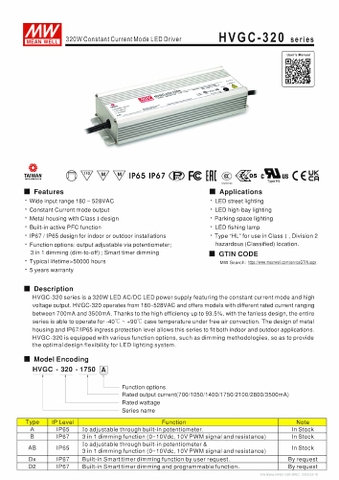 Nguồn Meanwell HVGC-320 | LED Driver sử dụng cho Đèn LED ngoài trời từ 320W