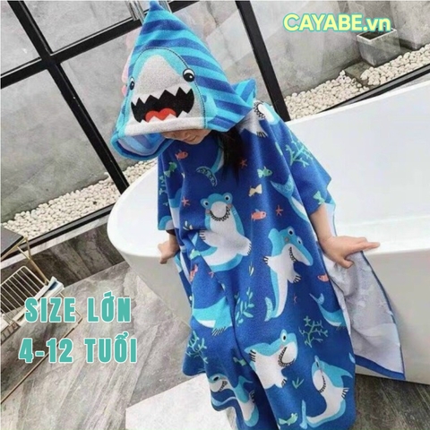 [SIZE LỚN]: Khăn tắm choàng cho bé CAYABE đi bơi, đi biển có mũ trùm đầu cá mập Baby Shark màu xanh (tặng túi rút tiện lợi) - 75x125 cm