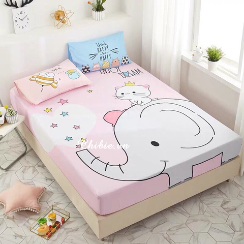 Bộ ga giường và gối hình voi con màu hồng