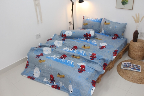 Bộ ga gối 4 món người nhện Spiderman màu xám nhạt cotton 100% (ga giường + 1 vỏ gối ôm + 2 vỏ gối nằm)