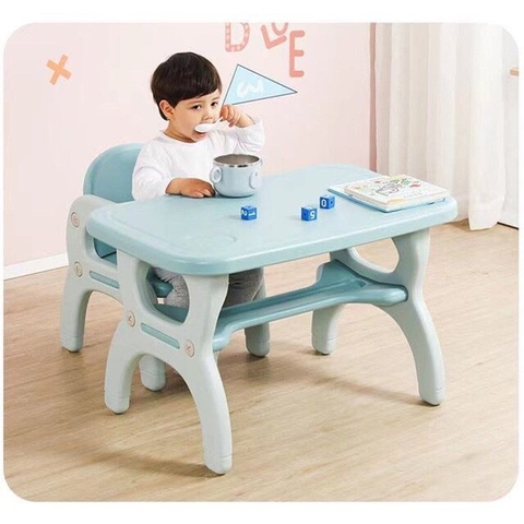 Bộ bàn ghế nhựa cho bé hình khủng long cười CAYABE cho bé ngồi học, vẽ, ăn và chơi màu xanh (mẫu mới 2022)