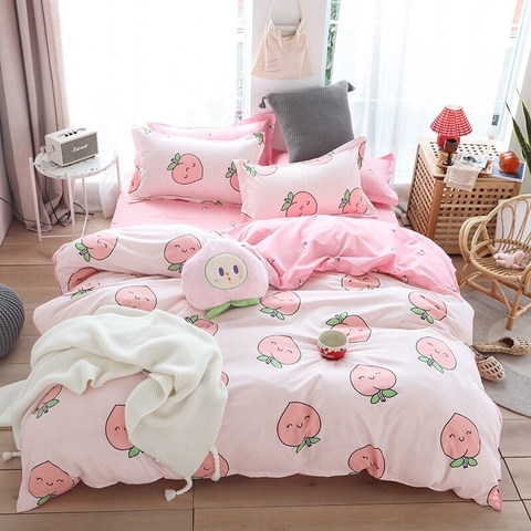 Bộ chăn ga gối cotton poly hình quả đào hồng (set 4 món)