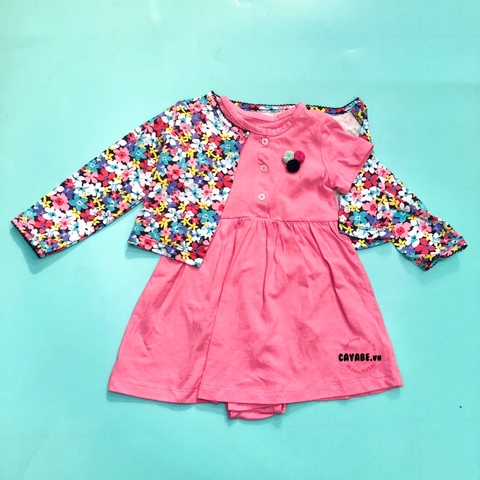 Set đầm bodysuit và áo khoác bé gái : đầm hồng và áo khoác hoa sặc sở