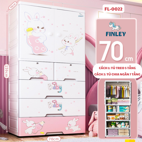 Tủ nhựa cho bé 5 tầng FINLEY thỏ hồng Baby (Size lớn ngang 70 cm) treo quần áo, đựng đồ chơi, đồ dùng cho gia đình (FL-0022-K)