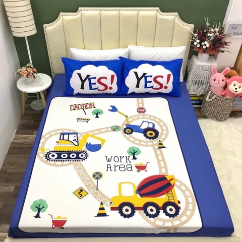 Bộ ga giường và 2 vỏ gối hình xe cơ giới lớn 100% cotton