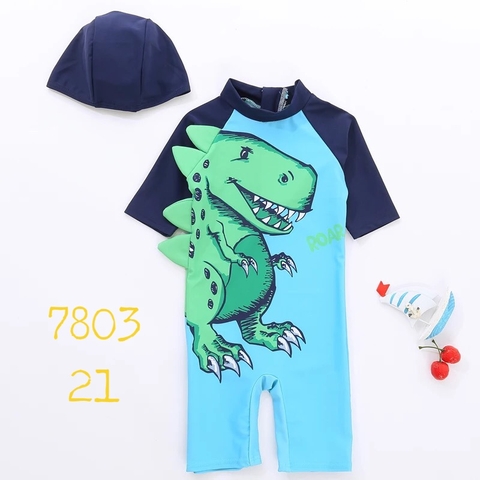 Đồ bơi bé trai liền quần xanh dương hình khủng long chúa (kèm nón bơi)