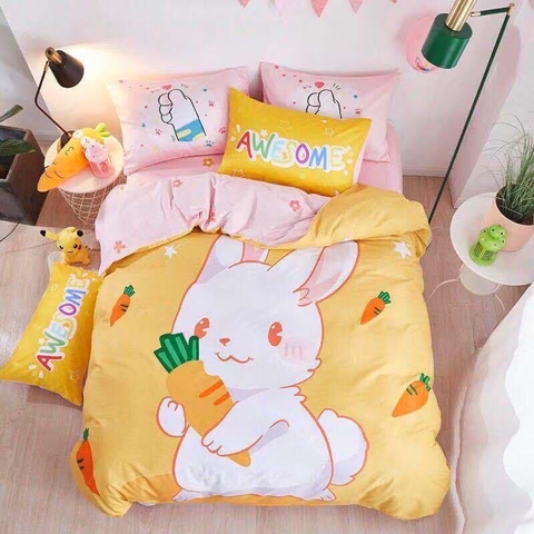 Bộ ga giường và 2 vỏ gối hình thỏ ôm cà rốt (100% cotton)