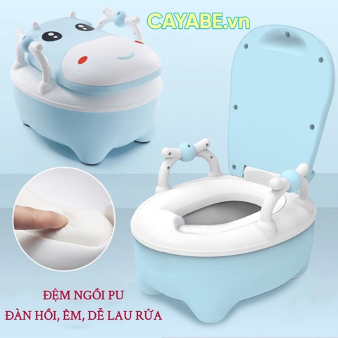 Bô vệ sinh cho bé CAYABE hình bò sữa có tay vịn và đệm lót PVC êm ái màu xanh/ hồng