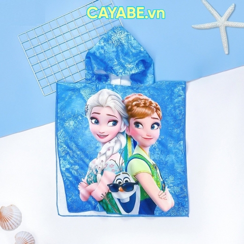 Khăn tắm choàng cho bé CAYABE công chúa Elsa Anna có mũ trùm đầu màu xanh dương