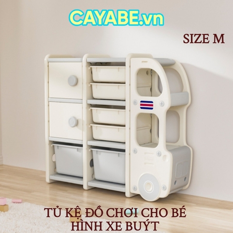 Tủ kệ nhựa đựng đồ chơi, quần áo hình xe buýt ô tô màu trắng xám cho bé (Size S/ M/ L)