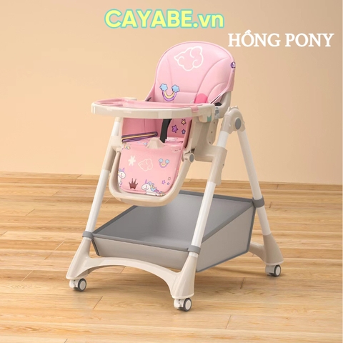Ghế ăn dặm cho bé gấp gọn CAYABE Lux 6 mức điều chỉnh độ cao, có bánh xe, đệm êm ái hình ngựa Pony hồng
