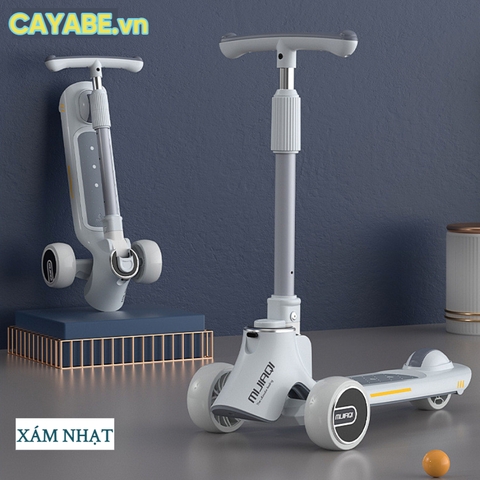 Xe scooter cho bé kết hợp xe chòi chân 2 in 1 CAYABE CB-812 có đèn nhạc, gấp gọn dễ dàng màu xám trắng