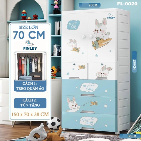 Tủ nhựa cho bé 5 - 6 - 7 tầng FINLEY thỏ xanh Baby Rabbit (Size lớn ngang 70 cm) treo quần áo, đựng đồ chơi, đồ dùng cho gia đình