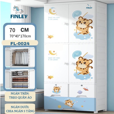 Tủ nhựa cho bé 4 cánh FINLEY hổ con Baby Tiger (Size lớn ngang 70 cm) treo quần áo, đựng đồ chơi, đồ dùng cho gia đình màu xanh - FL-0024