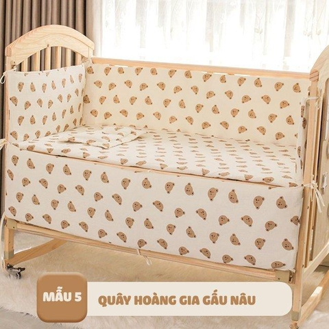 Set quây cũi vải hoàng gia cho nôi cũi em bé 7 món (4 mặt quây, áo và ruột gối nằm, đệm bông lót cotton)