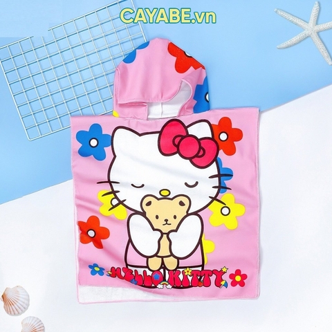 Khăn tắm choàng cho bé CAYABE mèo Hello Kitty có mũ trùm đầu màu hồng