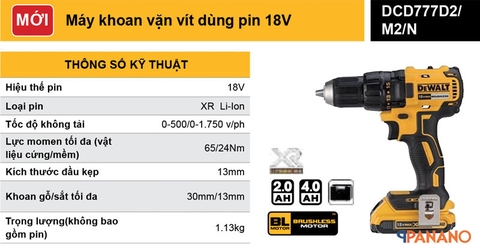 Máy khoan vặn vít pin Dewalt DCD777D2-B1