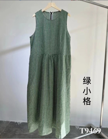 Đầm caro Linen xanh lá T9469