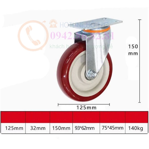 BÁNH XE NHỰA PU ĐỎ MẬN 65, 75, 100, 125mm