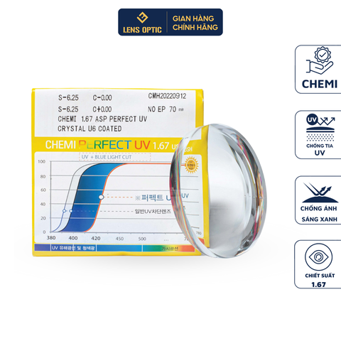 Tròng kính Chemi Perfect UV Crystal U6 Coated 1.67 chính hãng Hàn Quốc
