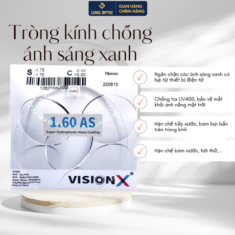 Tròng kính chống ánh sáng xanh Vision 1.60 UV407 SHMC