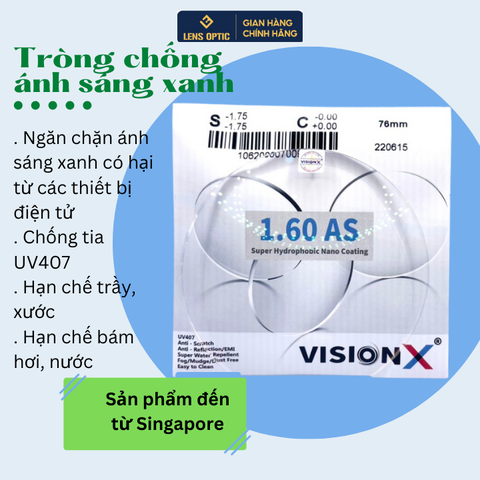 Tròng kính chống ánh sáng xanh Vision 1.60 UV407 SHMC