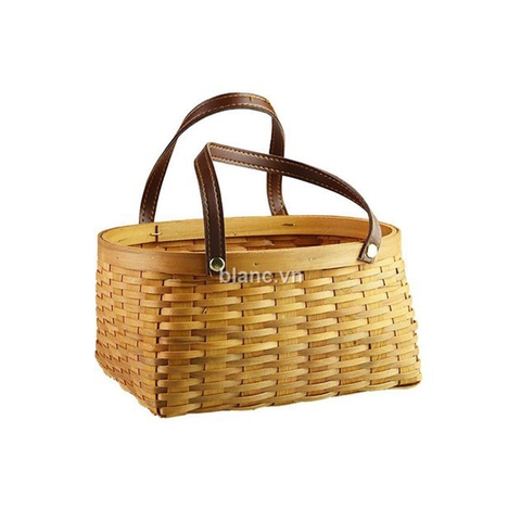 Giỏ gỗ đan dẹt oval quai da