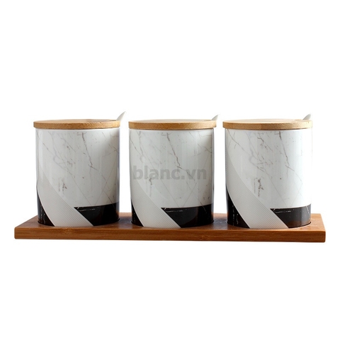 Set 3 hũ sứ trắng vân đá viền đen