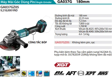 Máy Mài Góc Dùng pin GA037GZ05 (40Vmax) (180mm/Công tắc bóp/Không kèm pin sạc)