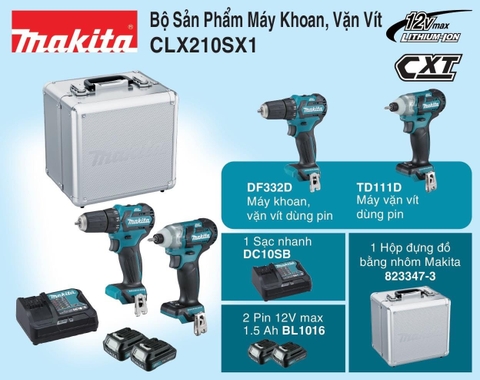 Bộ Sản Phẩm Máy Khoan, Vặn Vít Dùng Pin CLX210SX1 (12V Max)