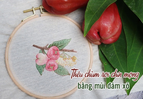 Học thêu tay cơ bản: Thêu chùm roi chín mọng bằng mũi đâm xô (có mẫu in)