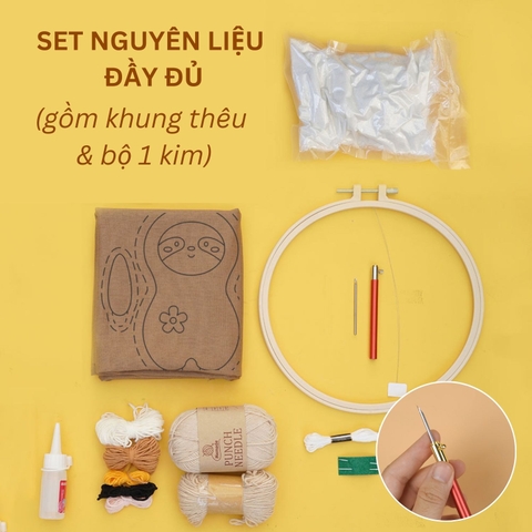 Bộ nguyên liệu làm thú bông Bé Lười từ thêu len nổi punch needle