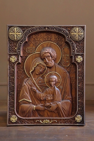 Phù điêu khắc gỗ Gia đình Thánh sơn mài thủ công 28x35cm