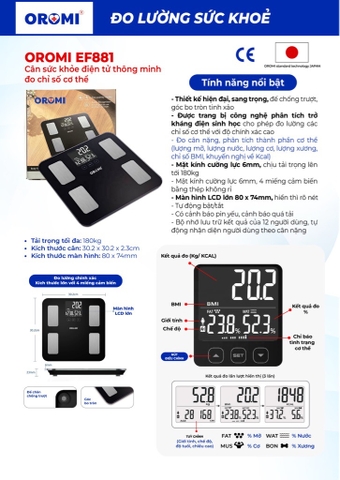 Cân Sức Khỏe Điện Tử Thông Minh Đo Chỉ Số Cơ Thể Oromi -EF881