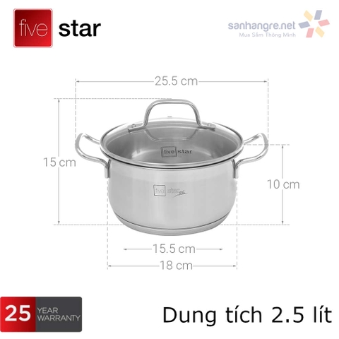 Nồi inox 304 Fivestar Plus 5 đáy FPN185D001 size 18cm