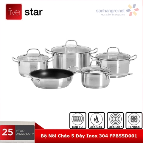 Bộ nồi, chảo 5 đáy Inox 304 Fivestar Plus FPB55D001 vung kính đáy từ