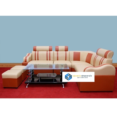 Sofa góc da cam sọc trắng