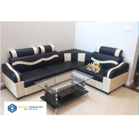 Sofa góc da đen sọc trắng