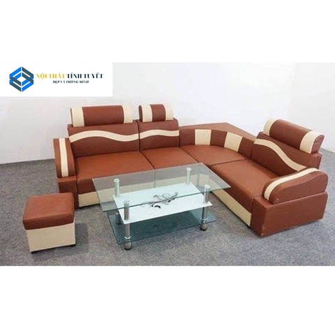 Sofa góc da nâu đất sọc trắng