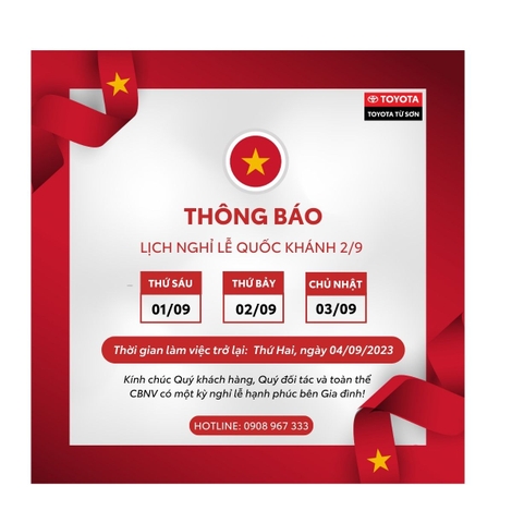 TOYOTA TỪ SƠN THÔNG BÁO LỊCH NGHỈ LỄ QUỐC KHÁNH 2/9