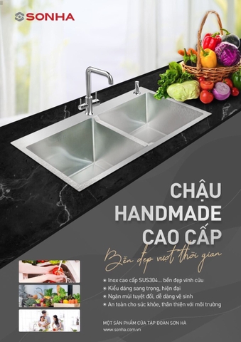 Chậu rửa bát inox Sơn Hà Handmade 2 hố cân HM.X.2C.82.2.3