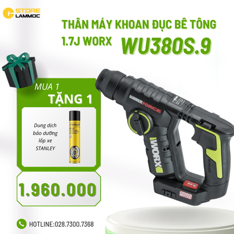 Thân máy khoan bê tông pin 20V, 1.7J Worx WU380S.9 (không pin sạc)