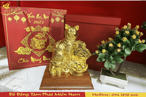 Tượng mèo phong thủy Tài Lộc mạ vàng 24K đẹp sắc nét